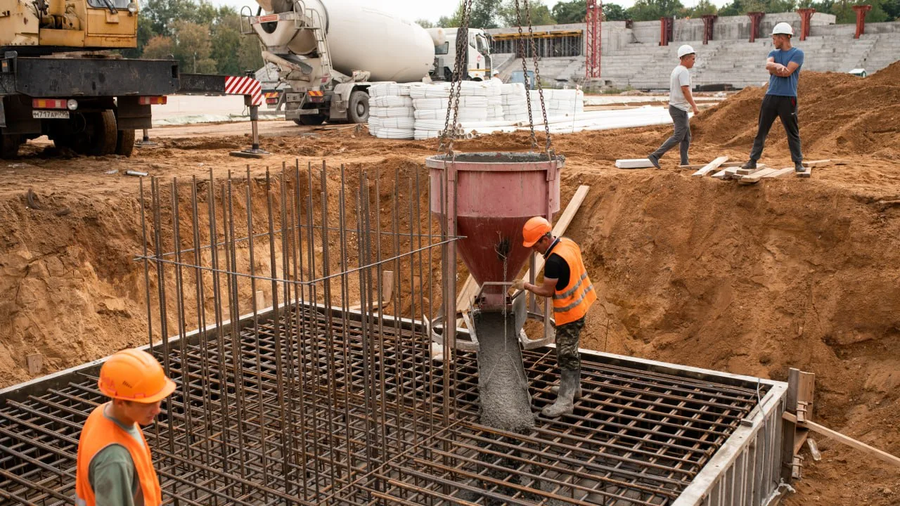 В рамках реконструкции стадиона «Торпедо» в Люберцах рабочие завершают монолитные работы